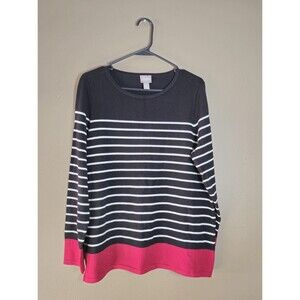 Chicos Sweater Womens  Pullover  Size 2 Striped Cotton Stretch Shirt Casual
